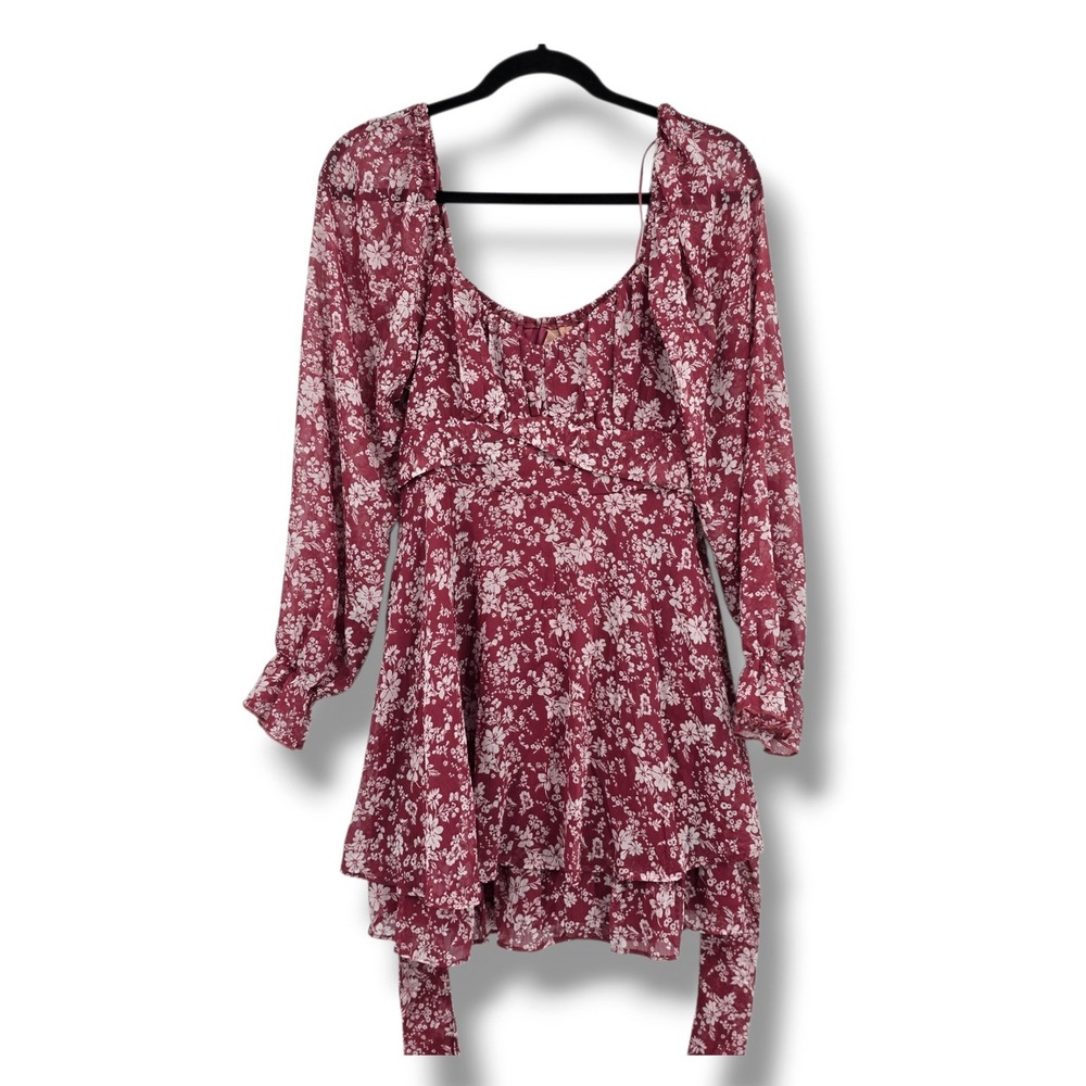 Lucky Clover Burgundy Floral Ruffle Mini Dress Long Sleeve Square Neck NWT L